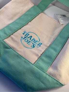 NEW Trader Joe’s Mini Pastel Canvas Tote Bag Teal Embroidered 10.5” x 13” 79986